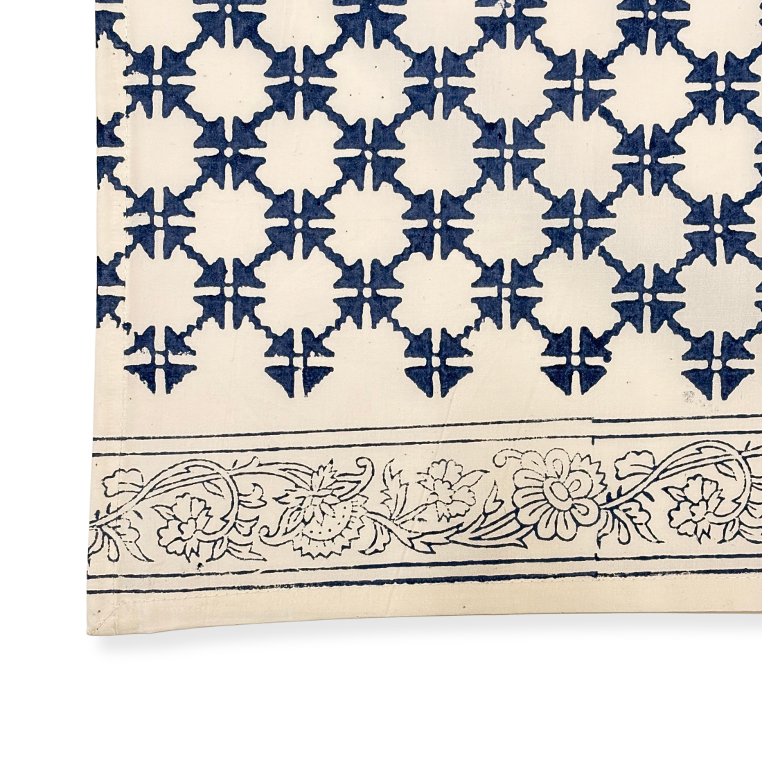 Textile with blue geometric pattern and decorative border on a white background