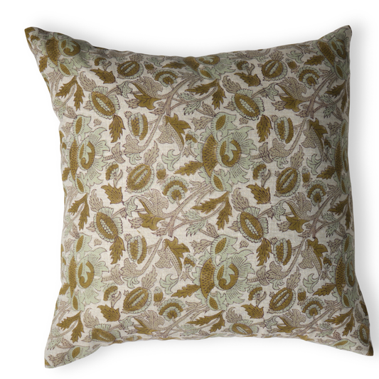 Flur Block Printed Pillow Cover | Handcrafted Floral Design | Linen Pillow Cushion