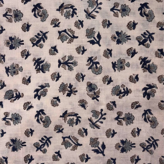 Patterned fabric with dark blue floral design on a grey background