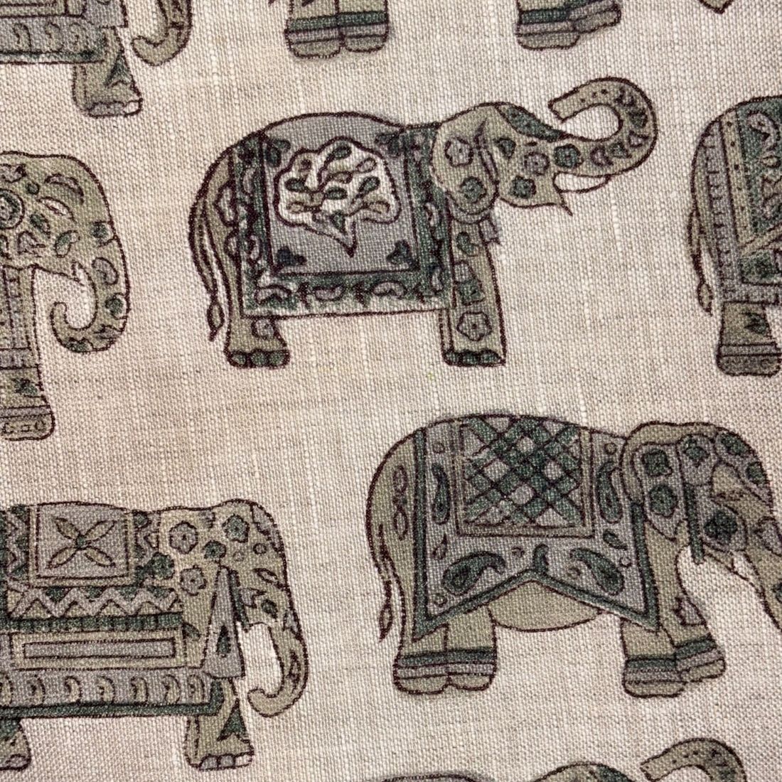 Pattern of decorative elephants on a grey background