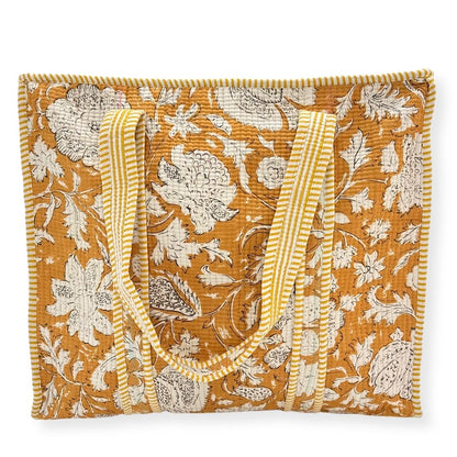 Floral patterned Tote bag with yellow background.