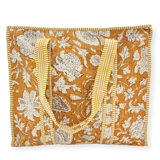 Floral patterned Tote bag with yellow background.