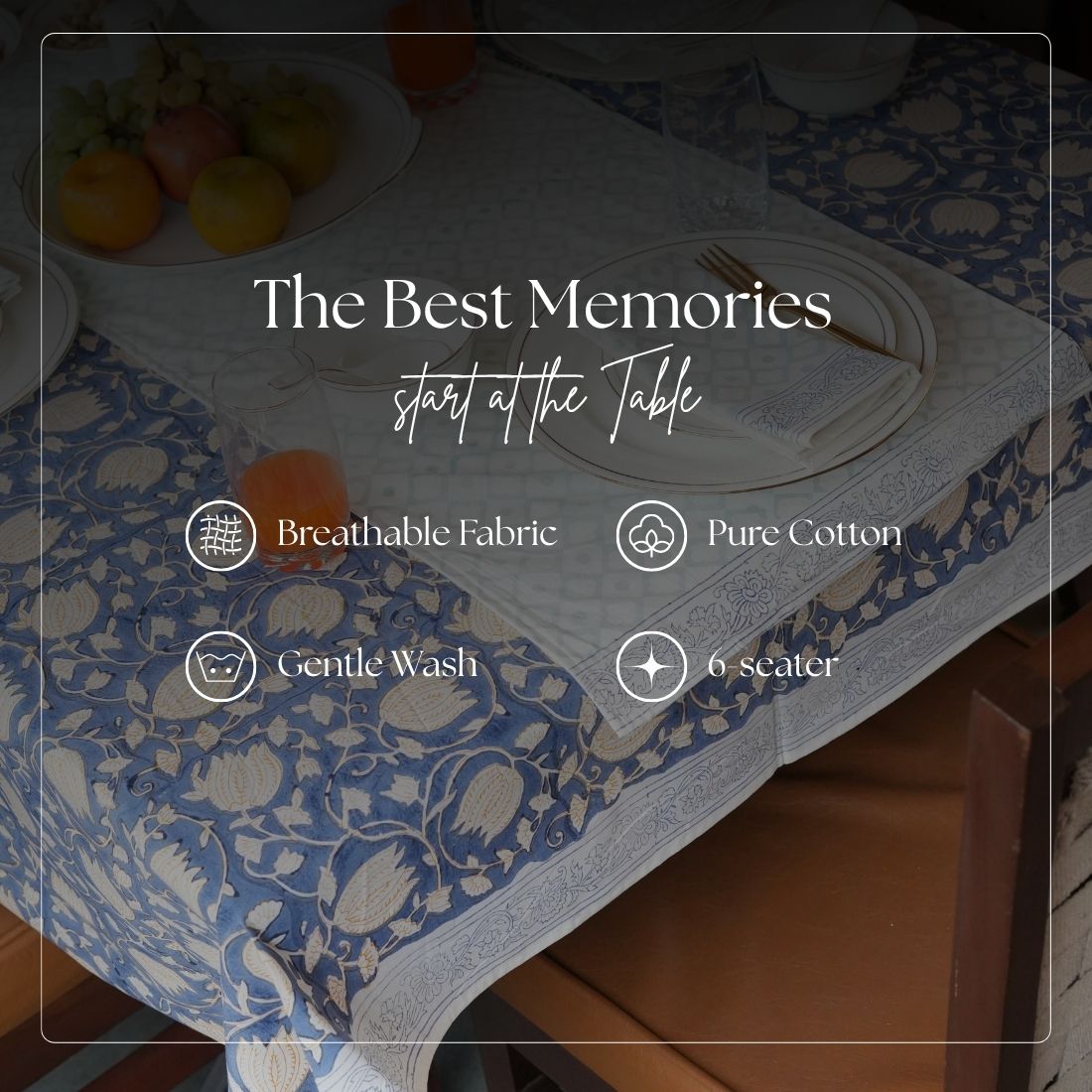 Table setting with blue and white patterned tablecloth and napkin, text overlay about tableware features.