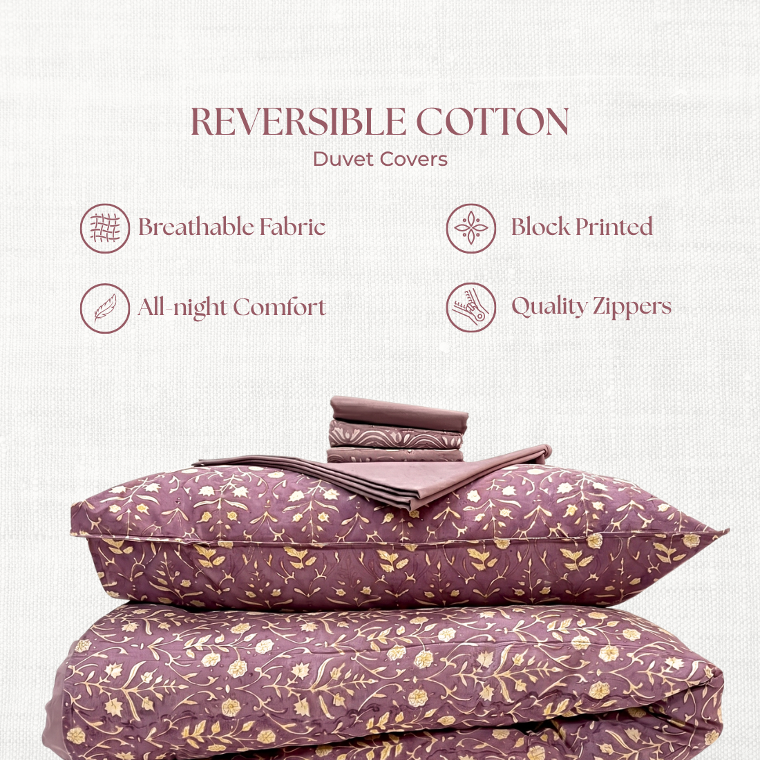 Reversible cotton duvet covers with floral pattern on a white background