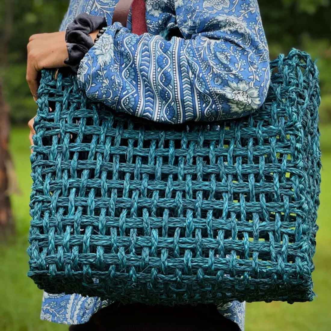 Neerja Sabai Tote - Handwoven Mesh Cane Bag in Teal