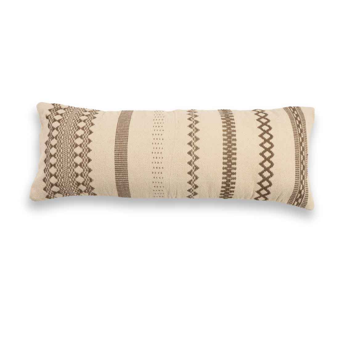 Beige pillow with brown geometric patterns on a white background