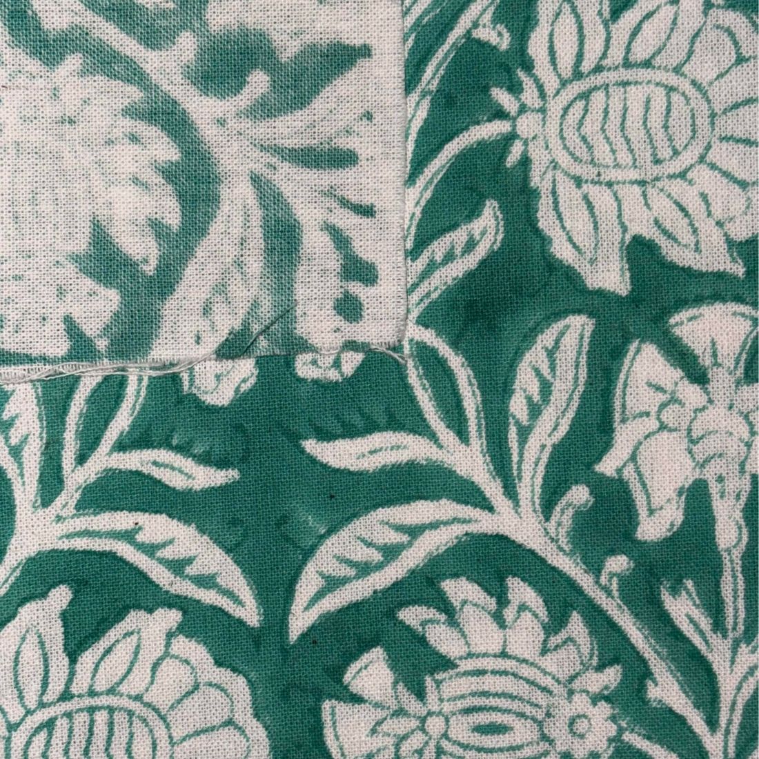 Close-up of green and white floral fabric pattern