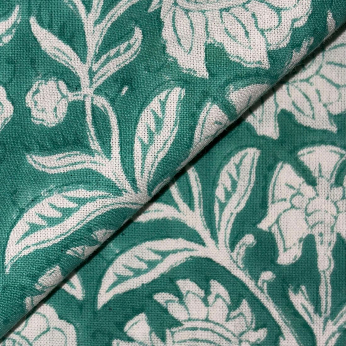 Close-up of green fabric with white floral pattern