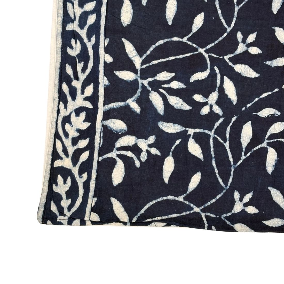 Navy blue fabric with white floral pattern on a white background