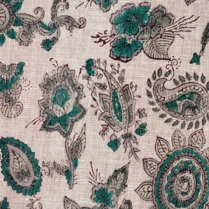 Close-up of a fabric with intricate paisley pattern in green and brown on a grey background