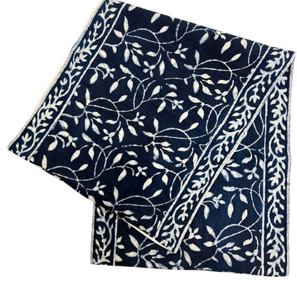Navy blue fabric with white floral pattern on a white background