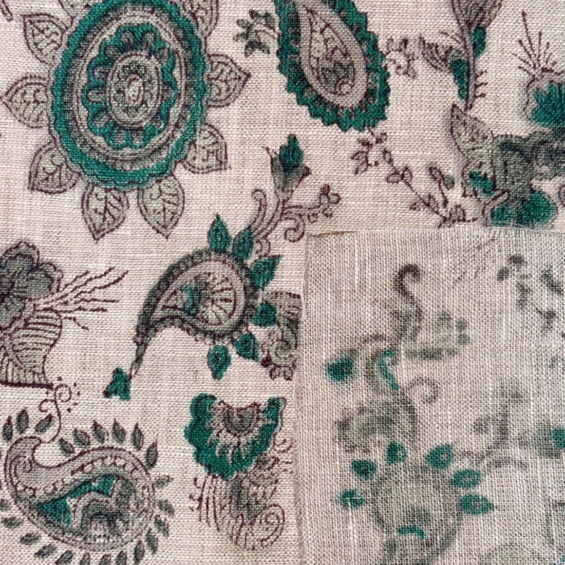 Close-up of a fabric with intricate paisley and floral patterns in green and brown on a grey background.