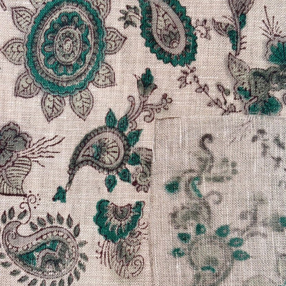 Close-up of a fabric with intricate paisley and floral patterns in green and brown on a grey background.