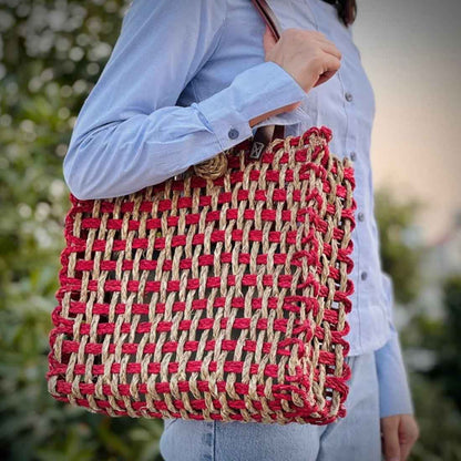 Anvaya Sabai Tote - Handwoven Dual-Tone Mesh Bag in Red & Natural