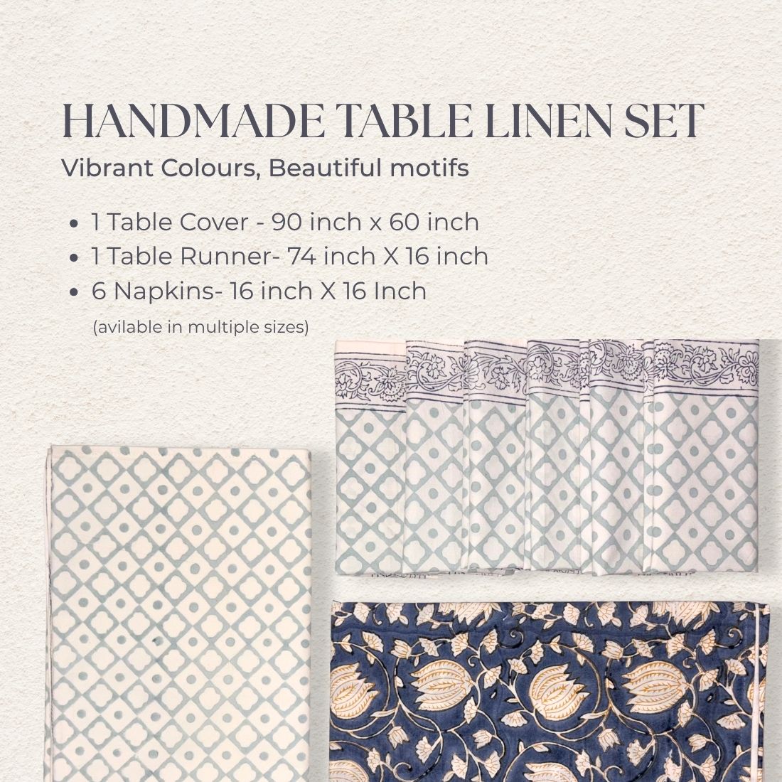 Handmade table linen set with patterns and sizes on a light background