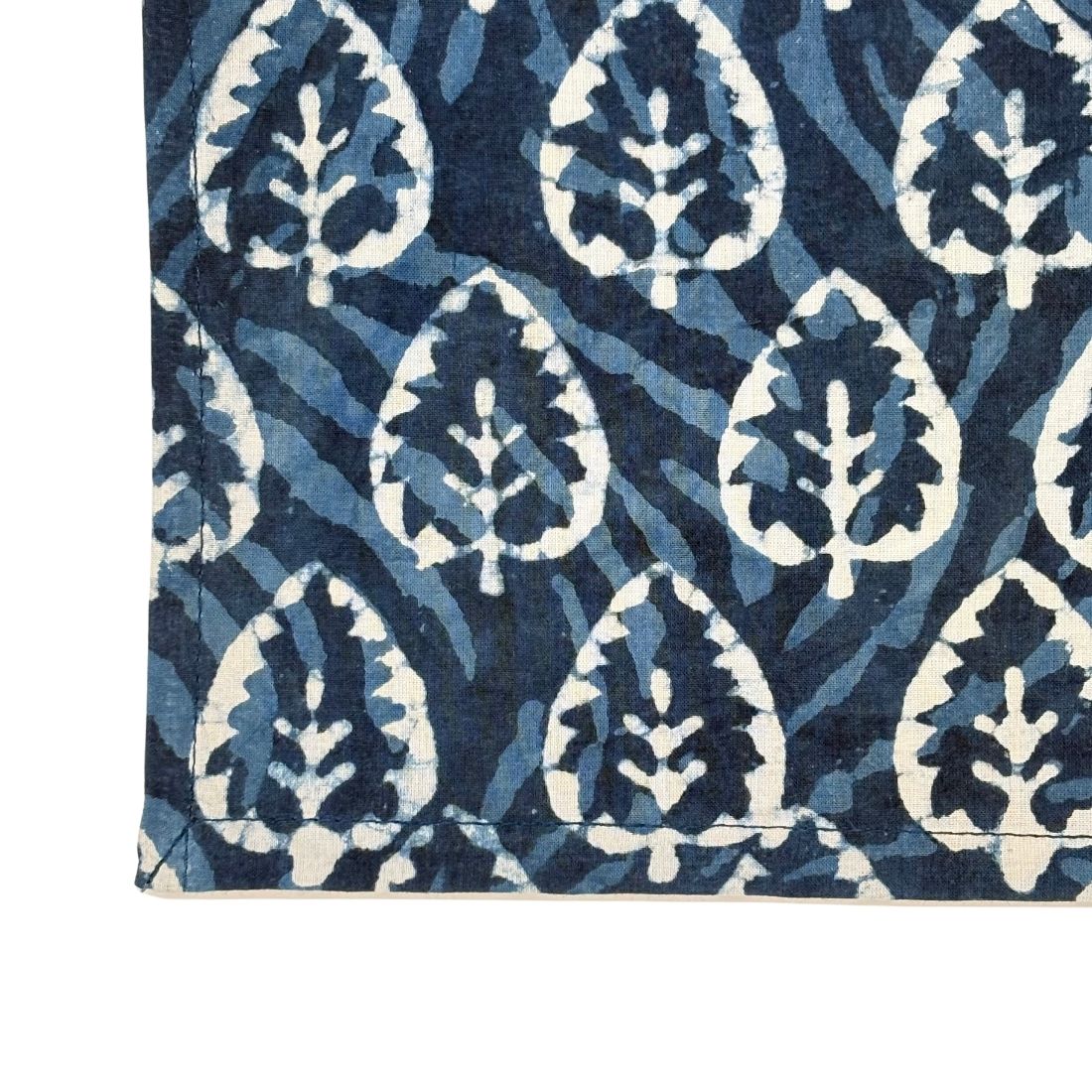 Navy blue and white patterned rug with leaf design