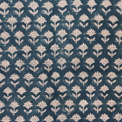 Patterned fabric with white floral design on a blue background