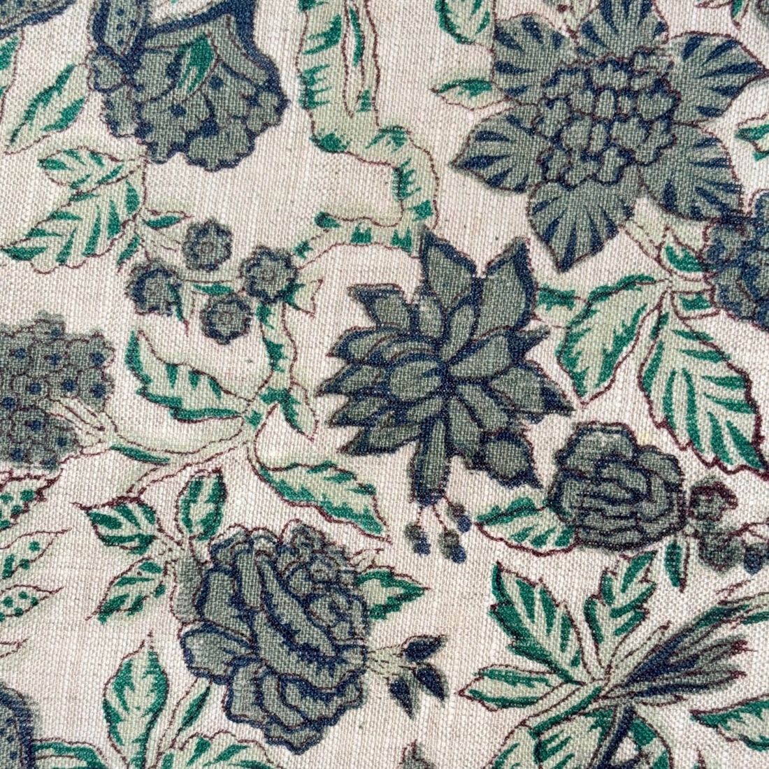 Close-up of floral and leaf pattern on fabric