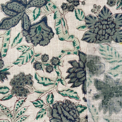 Close-up of floral fabric pattern with green and gray colors.