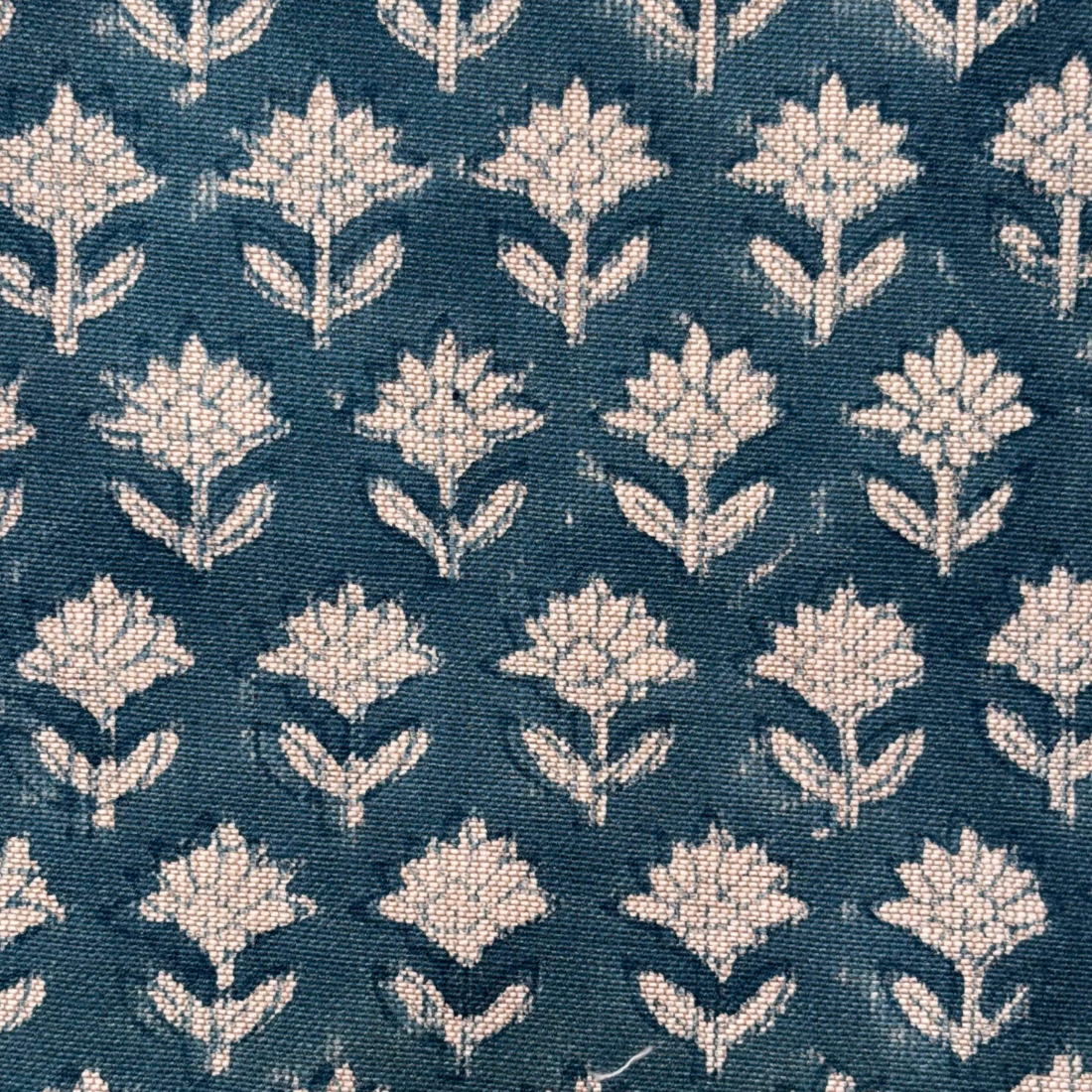 Patterned fabric with white floral design on a blue background