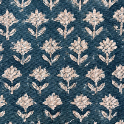 Patterned fabric with white floral design on a blue background