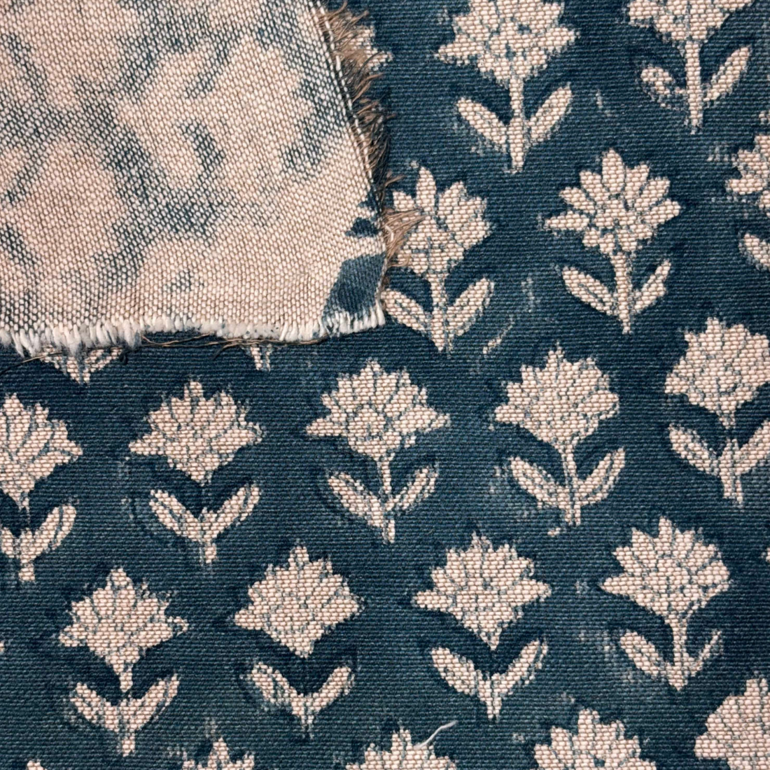 Close-up of fabric with floral pattern on a blue background