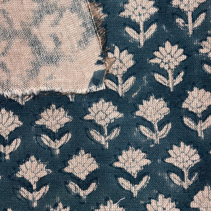 Close-up of fabric with floral pattern on a blue background