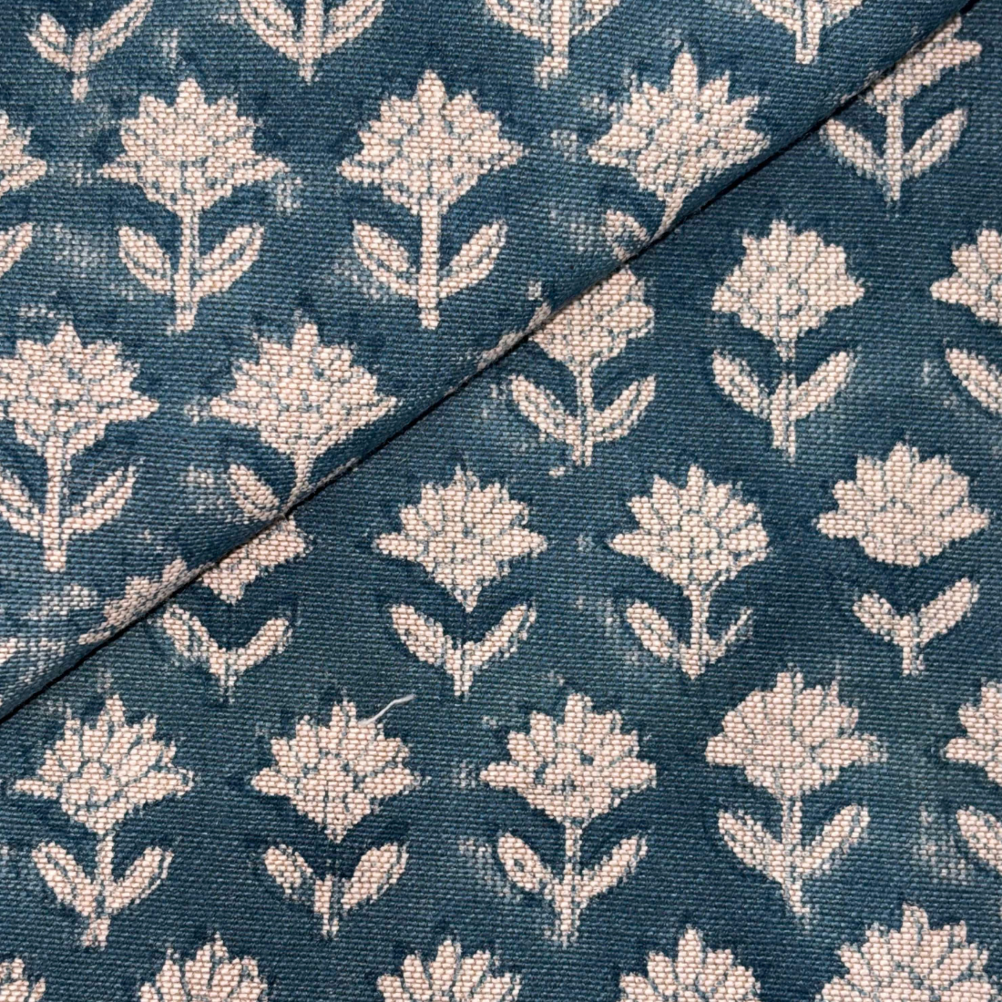 Close-up of fabric with a floral pattern on a blue background