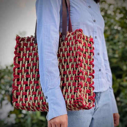 Anvaya Sabai Tote - Handwoven Dual-Tone Mesh Bag in Red & Natural