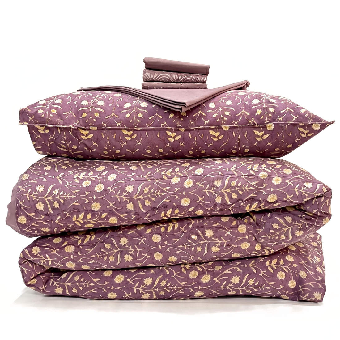 Purple floral bedding set on a white background