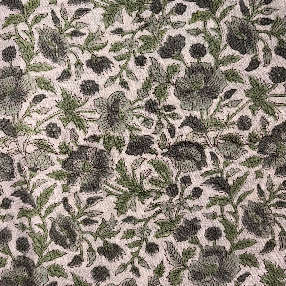 Floral pattern with green and black flowers on a grey background