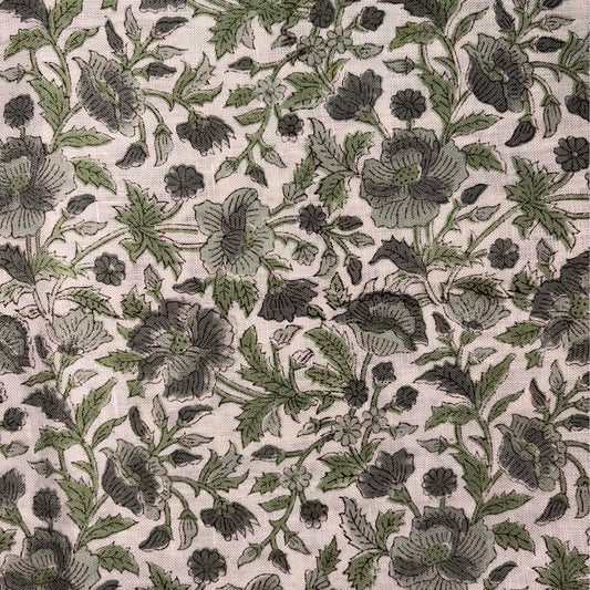 Floral pattern with green and black flowers on a grey background