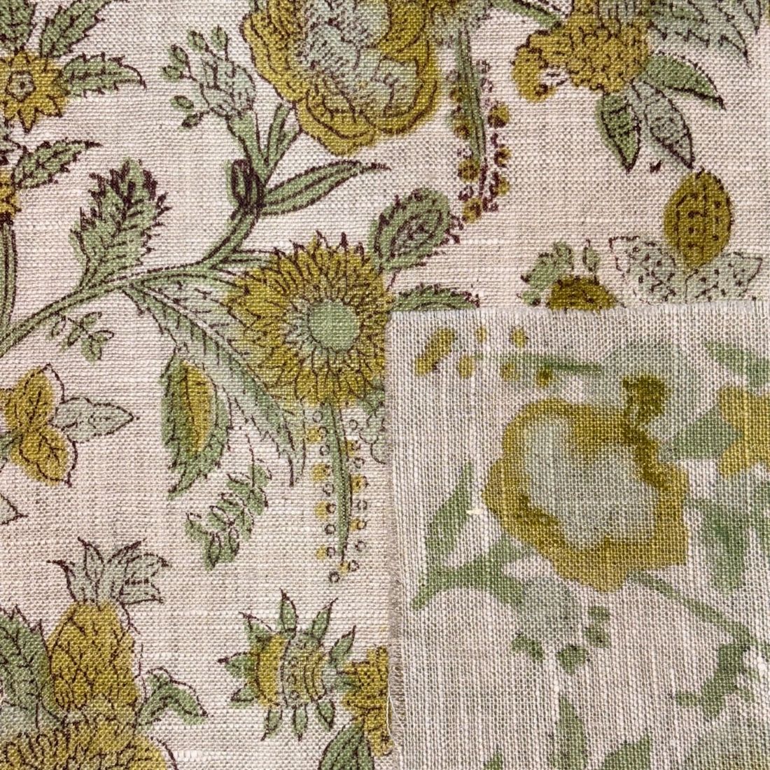 Floral patterned fabric with yellow and green flowers on a grey background