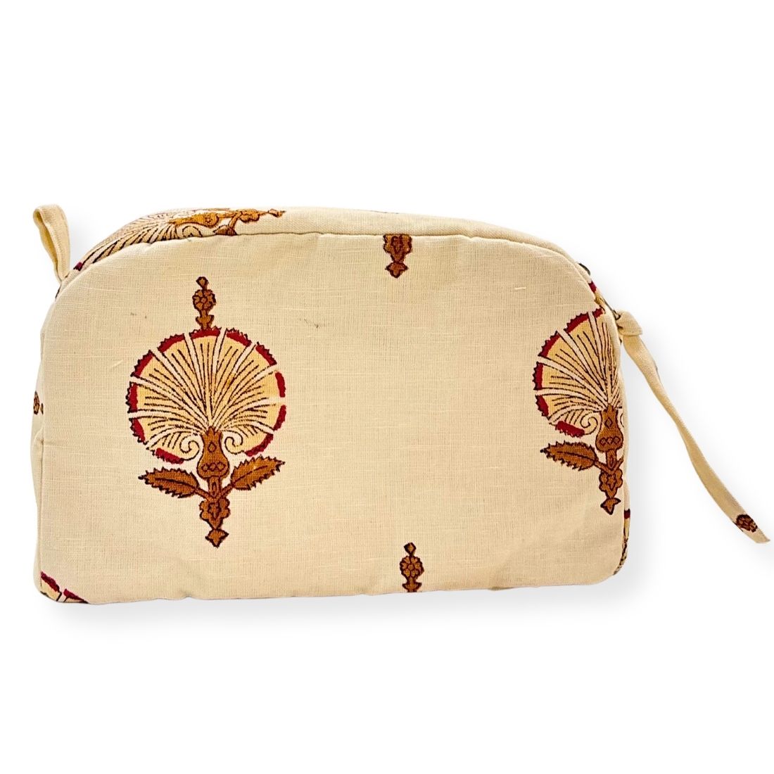 Beige pouch with decorative patterns on a white background