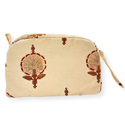 Beige pouch with decorative patterns on a white background