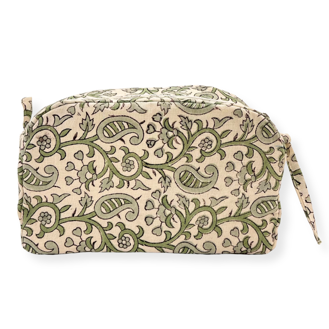 Patterned pouch with a strap on a white background
