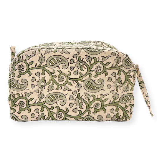 Patterned pouch with a strap on a white background