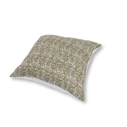 Decorative pillow with a paisley pattern on a white background