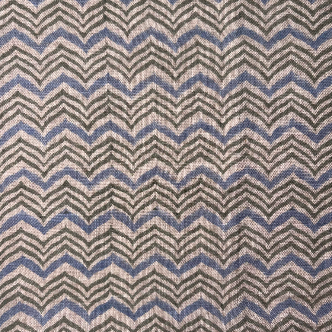 Textile with zigzag pattern in blue, gray, and beige.