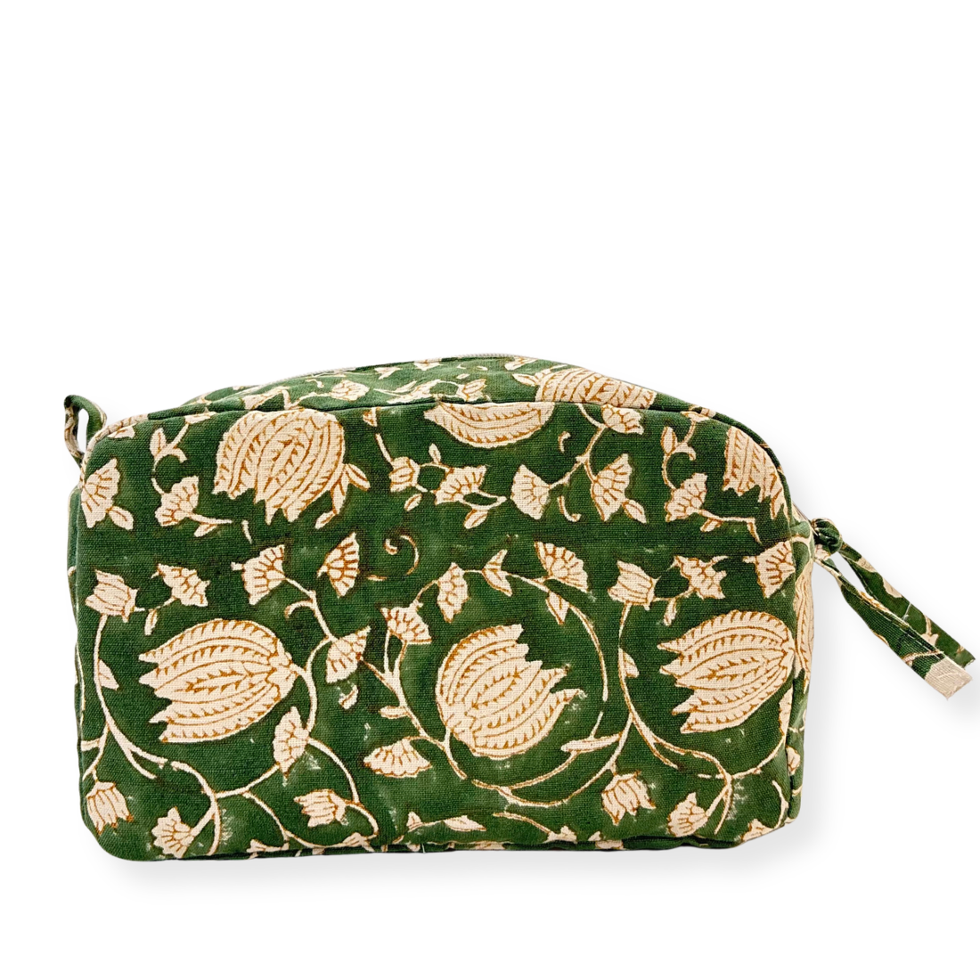 Green pouch with beige floral patterns on a white background