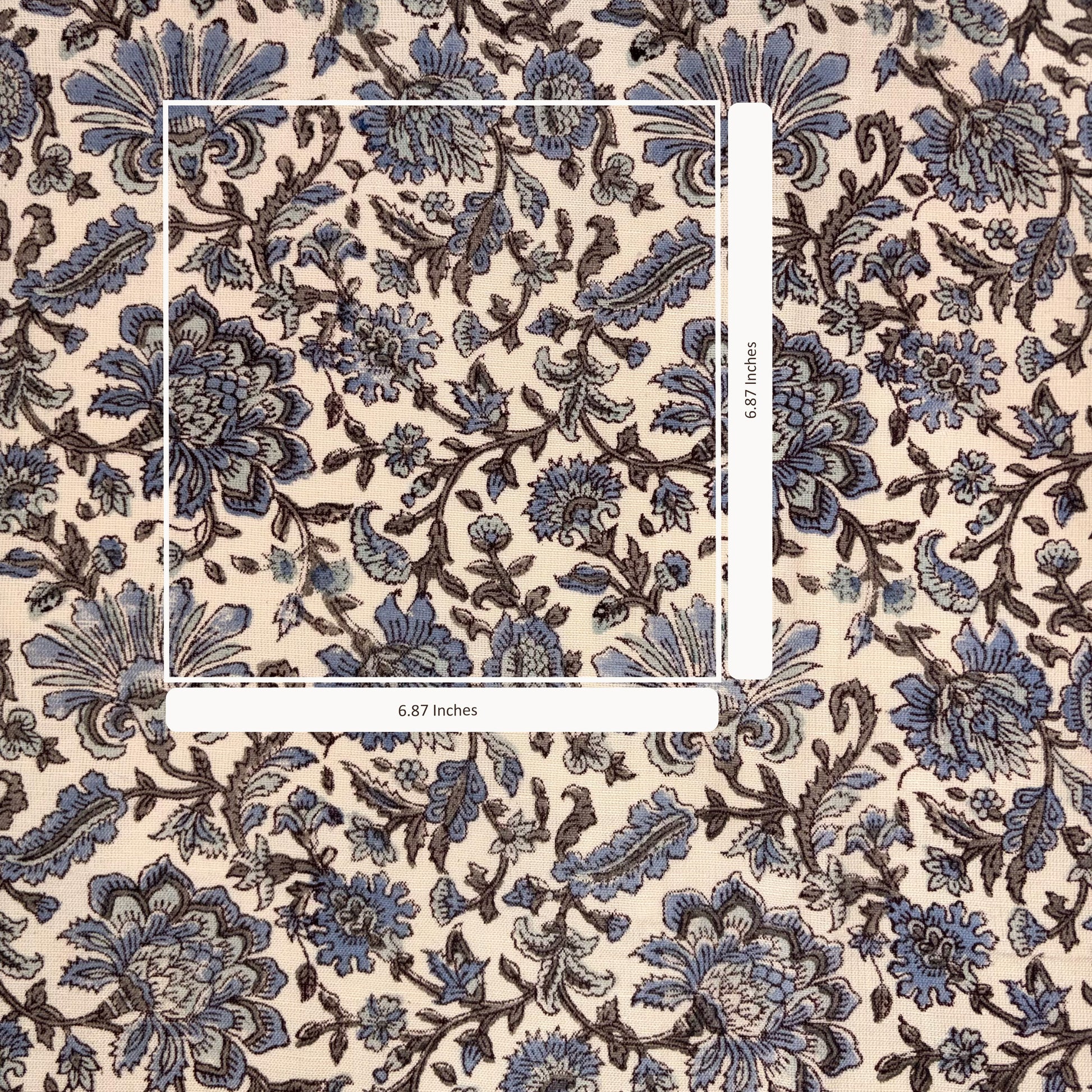 Floral patterned fabric with measurements on a beige background