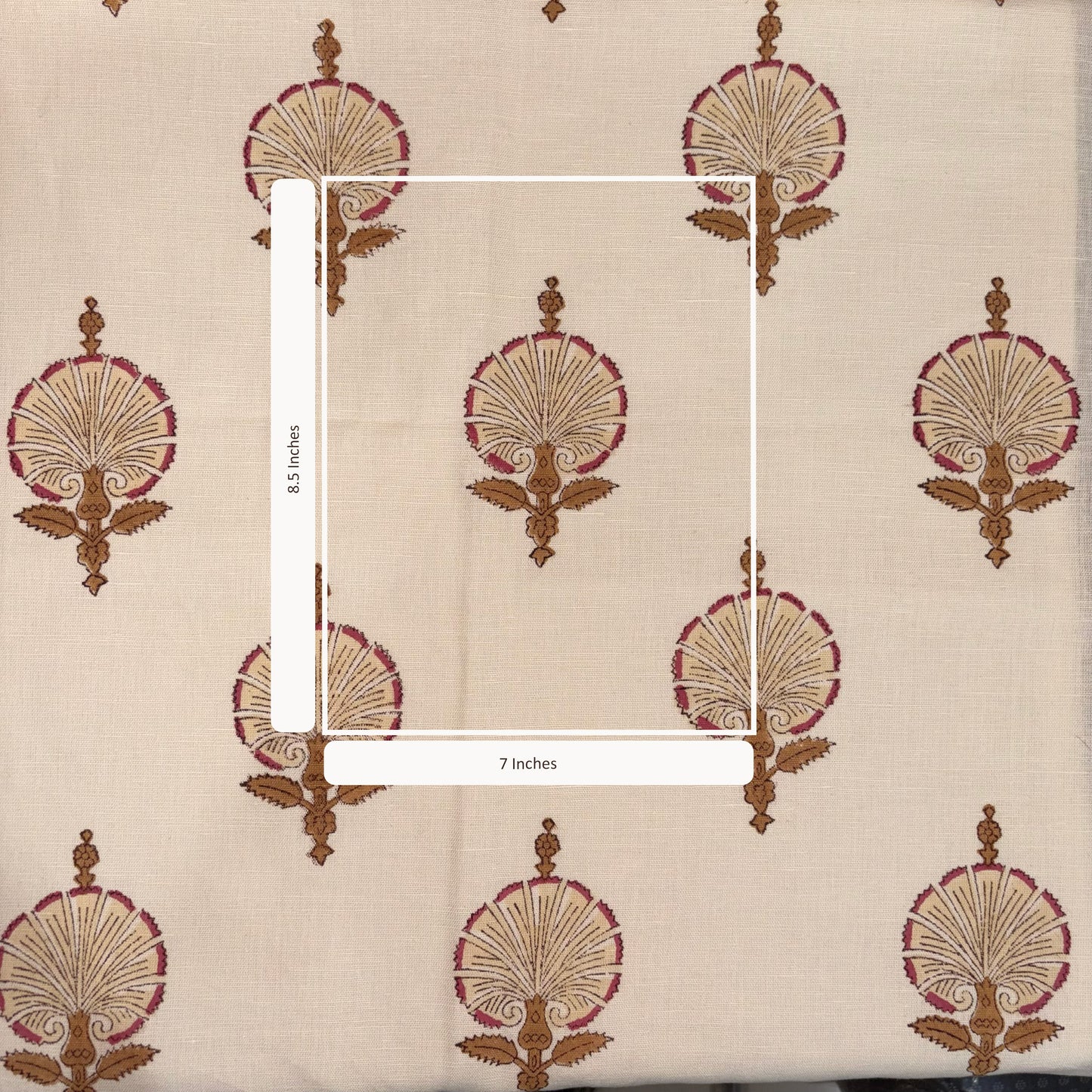 Beige fabric with decorative brown and red patterns, showing measurements.