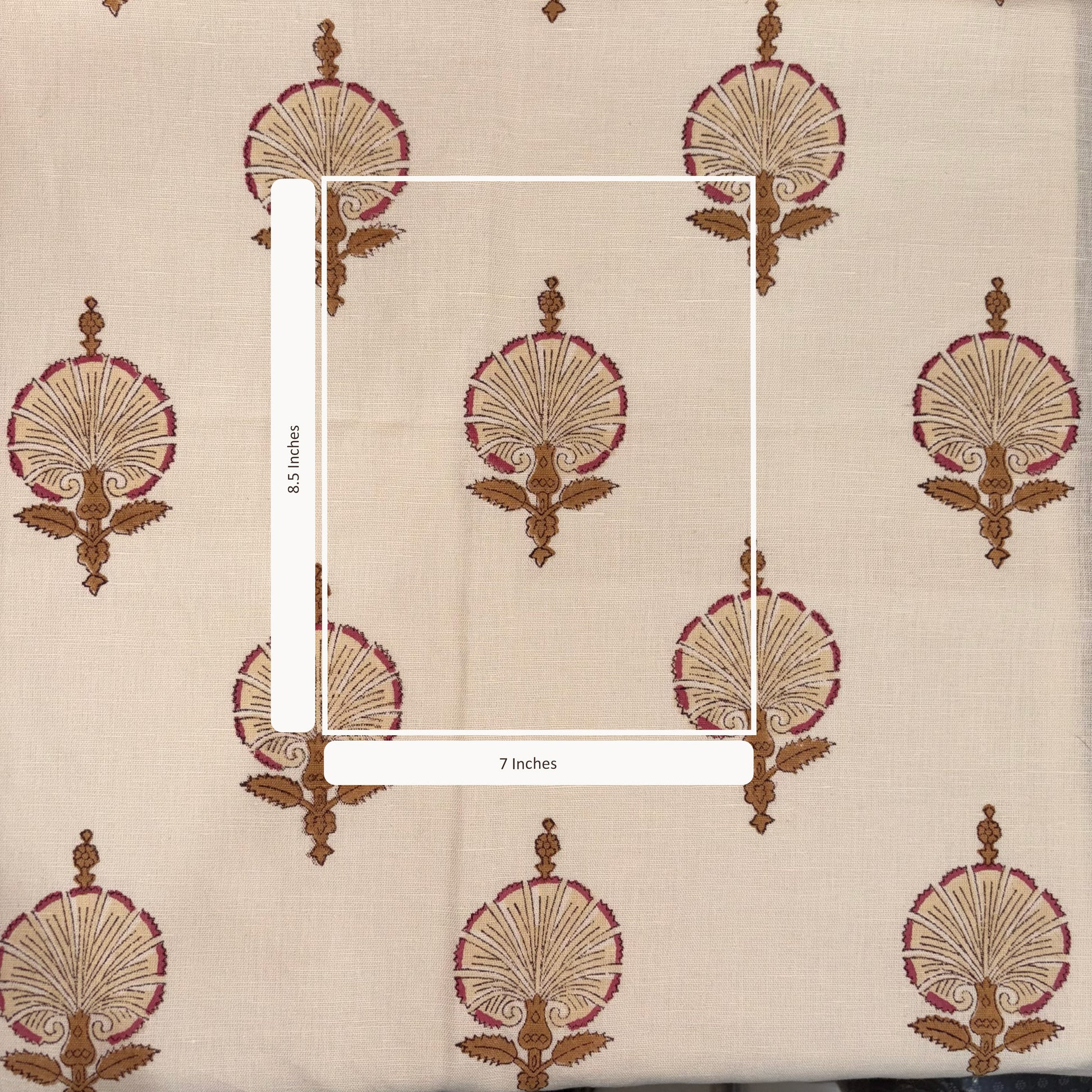 Beige fabric with decorative brown and red patterns, showing measurements.