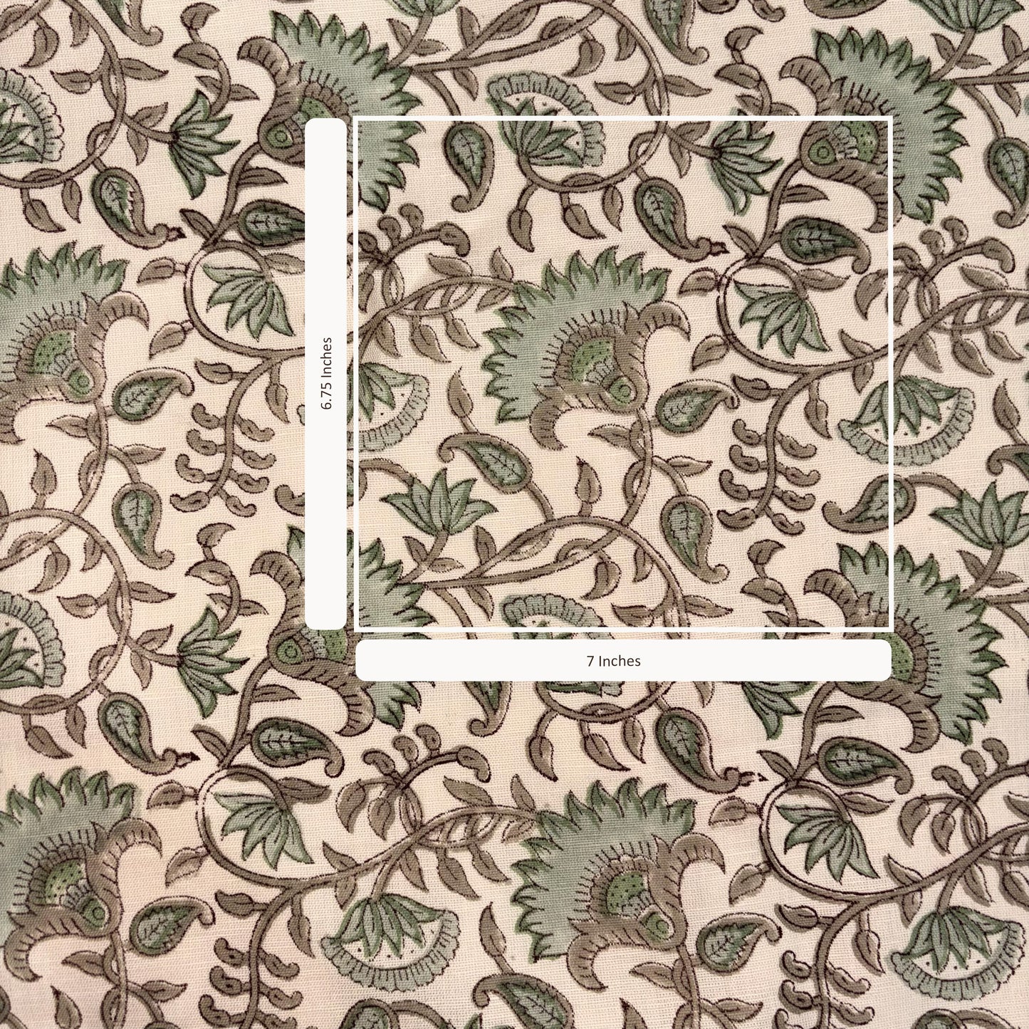 Decorative paper with intricate green floral pattern on a beige background