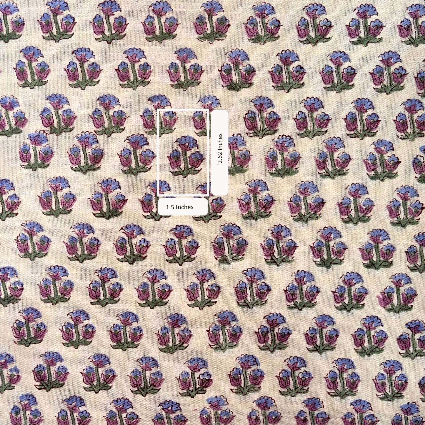 Patterned fabric with blue and purple floral design on a beige background