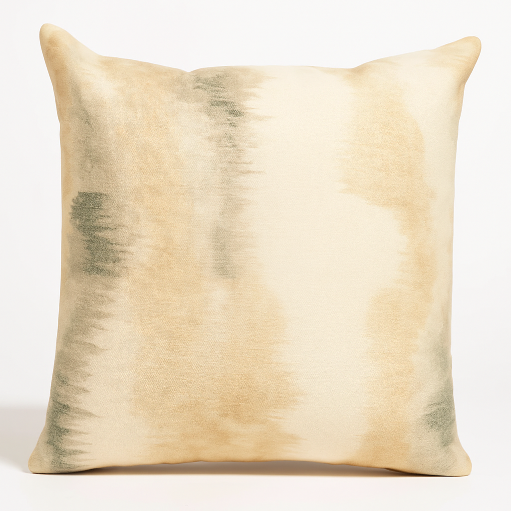 Beige pillow with green accents on a white background