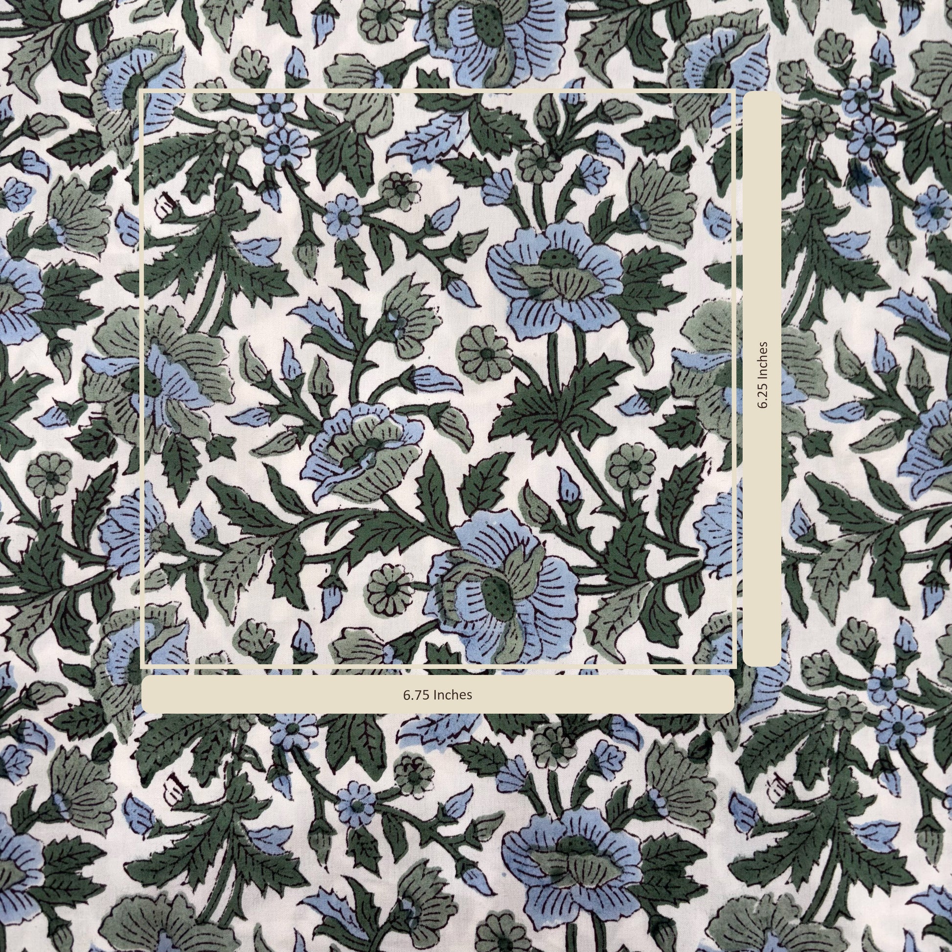 Floral patterned paper with blue and green flowers on a white background