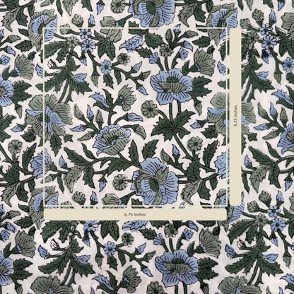 Floral patterned paper with blue and green flowers on a white background