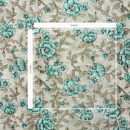 Floral fabric pattern with turquoise flowers on a grey background