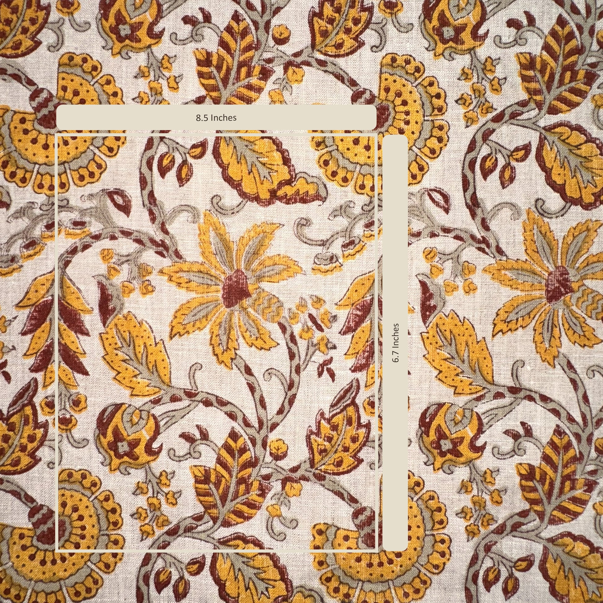 Floral patterned fabric with measurements on a white background